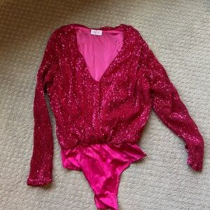 Pink Lily Women Sequin Bodysuit hot pink size medium